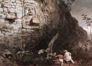 Jägare och hans guide framför mayahuvudet Itzam Na av Frederick Catherwood