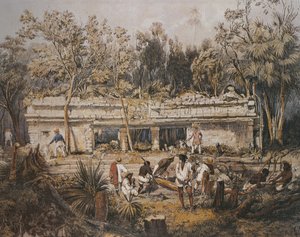 Arkeologerna Frederick Catherwood och John Lloyd Stephens mäter templet i Tulum, Yucatan, Mexiko, illustration från "Utsikter över antika monument i Centralamerika, Chiapas och Yucatan",