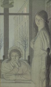 Interiör - Kväll, 1915 (penna, tvätt och gouache) av Frederick Cayley Robinson
