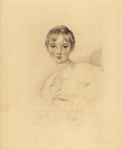 Porträtt av Lucy Meredith, brorsdotter till Sir Thomas Lawrence. Ung pre-teen flicka i vit klänning med rosa band bälte. Handtonad gravyr av Frederick Christian Lewis efter en illustration av Sir Thomas Lawrence från P.G. Patmore