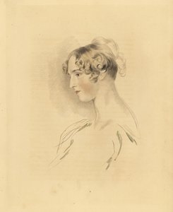 Porträtt av Mary Isabella Bloxam som ung kvinna, brorsdotter till Sir Thomas Lawrence. Med håret uppåt och lockigt, i en off-the-shoulder klänning. Gravyr av Frederick Christian Lewis efter en illustration av Sir Thomas Lawrence från P.G. Patmores kabinett