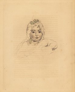Porträtt av Mary Isabella Bloxam, brorsdotter till Sir Thomas Lawrence. I motorhuv med band. Handtonad gravyr av Frederick Christian Lewis efter en illustration av Sir Thomas Lawrence från P.G. Patmore