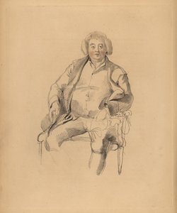 Porträtt av Sir Thomas Lawrences far, gästgivare Thomas Lawrence. Portly man i peruk sittande på en stol. Handtonad gravyr av Frederick Christian Lewis efter en illustration av Sir Thomas Lawrence från P.G. Patmore