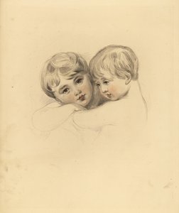Porträtt av Calmeady-barnen i en omfamning. Handtonad gravyr av Frederick Christian Lewis efter en illustration av Sir Thomas Lawrence från P.G. Patmore