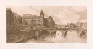 Utsikt över Pont au Change, Theatre de la Cite, Pont Neuf och Conciergerie-fängelset