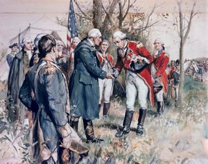 Amerikanska självständighetskriget (1775-1783): den brittiske generalen John Burgoynes (1722-1792) kapitulation vid Saratoga 1777 - Illustration av F.C. Yohn (Frederick Coffay Yohn) (1875-1933)