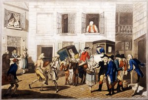 Inn Yard at Calais, pub. av William Holland, London, 1790 (handfärgad akvatint) av Frederick George Byron