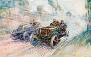 En brittisk förare, Charles Jarrott, vinner 1902 Circuit des Ardennes med den berömda "70" Panhard (färg litho)