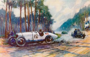 Amerikas första framgång i en Grand Prix inträffade när Jimmy Murphys Duesenberg gjorde succé på Le Mans 1921 (färg litho)