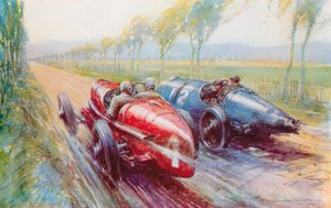 Felice Nazzaro vann Grand Prix 1922 och hanterade en av de nya och mycket snabba Fiaterna (litho i färg)