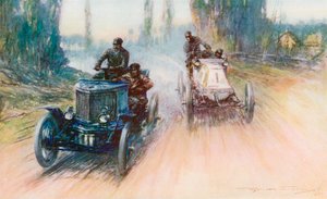 I loppet Paris-Amsterdam 1898 försågs Charrons vita Panhard med hjul istället för rorkultsstyrning för första gången i racinghistorien (litho i färg)