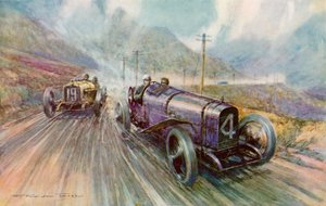 K Lee Guinness med solstrålen i tvådagarsloppet 600 mil Tourist Trophy på Isle of Man, som han vann på 56,44 mph (färg litho) av Frederick Gordon (after) Crosby