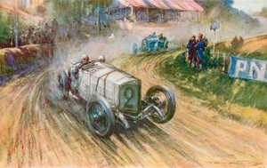 Lautenschlager med tyska Mercedes och Boillot med franska Peugeot i deras stora kamp under 1914 års Grand Prix (färg litho)