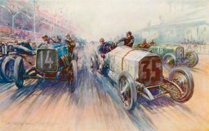 Lautenschlager vit Mercedes i 1908 års Grand Prix, en tävling där däck förbrukades i stora mängder (färg litho)
