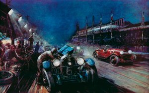 En av de framgångsrika Lorraine-Dietrich-bilarna som fylls på i gropen under nattkörningen i Le Mans 24-timmarslopp (färg litho)