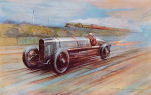Den flygmotordrivna 12-cylindriga Sunbeam som blev känd av K Lee Guinness på Brooklands och den snabbaste bilen 1922 (färg litho)