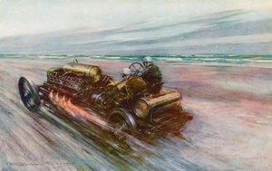 Den berömda "200" Darracq med vilken Sir Algernon Guinness, Bart, uppnådde 120 mph 1908 (färg litho)