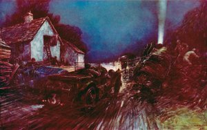 Den historiska kraschen vid White House Corner i Le Mans 24-timmarslopp, Det var efter denna krasch som en skadad Bentley fortsatte, att vinna (färg litho)
