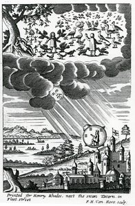 Frontispice för "The Comical History of the States and Empires of the World of the Moon" av Cyrano de Bergerac, publicerad 1687 av Frederick Hendrick van Hove