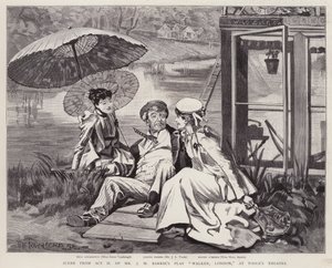 De engelska skådespelarna Irene Vanbrugh, John Lawrence Toole och Mary Ansell i en produktion av J M Barries pjäs Walker, London, på Toole