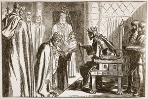 Investitur av en saxisk biskop, illustration från "The Church of England: A History for the People" av H.D.M. Spence-Jones, pub. ca 1910 (sepiafoto).