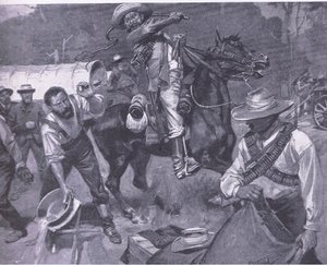 Boer behandling av fredssändebud: The flogging of Margendaal, från After Pretoria: The Guerilla War publicerad av Harmsworth Bros Limited, 1901 av Frederick Judd Waugh