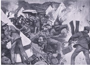 Boers som plundrar det brittiska lägret vid Nooitgedacht under artillerield, från After Pretoria: The Guerilla War publicerad av Harmsworth Bros Limited, 1901
