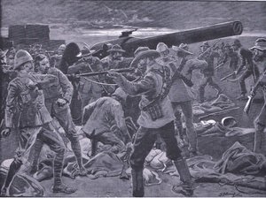 Attacken på Gun Hill: Gunners of the Naval 47 överraskade, från After Pretoria: The Guerilla War publicerad av Harmsworth Bros Limited, 1901 av Frederick Judd Waugh
