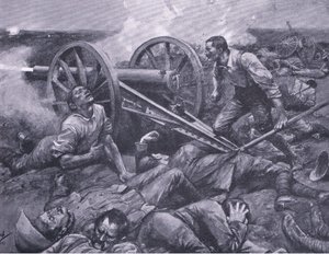 Försvaret av Dewetsdorp: arbetar en 15 pundare enhands, illustration från After Pretoria: The Guerilla War, 1902 av Frederick Judd Waugh