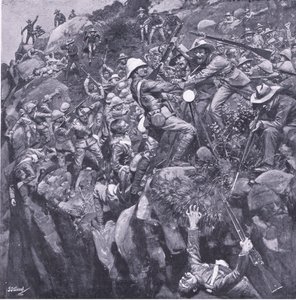 The disaster at Nooitgeddacht: The end of a brave signaller, från After Pretoria: The Guerilla War publicerad av Harmsworth Bros Limited, 1901 av Frederick Judd Waugh