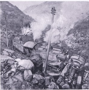 Förstörelsen av ett pansartåg nära Vlakfontein, illustration från After Pretoria: The Guerilla War, 1902 av Frederick Judd Waugh