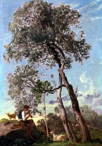 In the Campagna, a Goatherd Playing the Pipe (olja på papper nedlagd ombord)