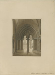 Interiör av Lichfield Cathedral - Chapter House dörröppning: sepia ritning och [c 1820] av Frederick Mackenzie