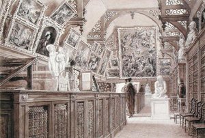 Interiör av Old Perse School, med ett urval av Lord Fitzwilliams testamente (penna, pensel och tvätt på papper) av Frederick Mackenzie