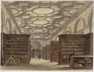 Interiör av Public Library, Cambridge, från "The History of Cambridge", graverad av Daniel Havell (1785-1826), pub. av R. Ackermann, 1815 (färgakvatint)