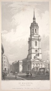 St. Magnus, London Bridge, gravyr av John Henry Le Keux (1783-1846) av Frederick Mackenzie