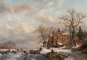 Ett vinterlandskap med skridskoåkare på en frusen flod, 1862