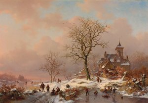Vinterlandskap med figurer som leker på isen, 1868