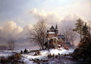 Vinterlandskap med skridskoåkare (olja på duk)