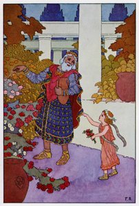 Kung Midas stänkte allt återstoden av vattnet över rosenbuskarna (färg litho)