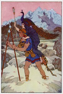 Jason lyfte upp den gamla kvinnan från marken och klev djärvt in i den rasande och skummande strömmen (färg litho)