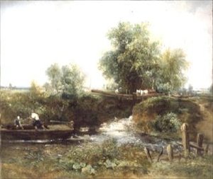 Flod med Horses Crossing och Skiff av Frederick Waters Watts