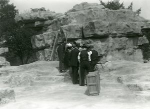 En grupp djurhållare som packar upp heliga babianer bland klipporna på "Monkey Hill", London Zoo av Frederick William Bond
