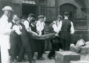 Ett team av män bär en Alligator övervakad av Sir Peter Chalmers Mitchell, London Zoo, 1924 av Frederick William Bond