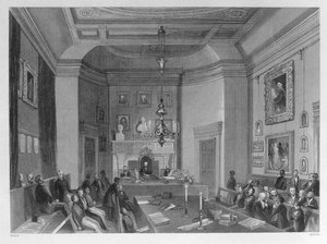 Vy över interiören av Somerset House, visar ett möte med Royal Antiquarian Society, ca 1840