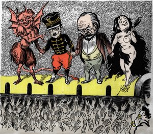 Rehabilitering av Dreyfus: slutsatsen, huvudpersonerna applåderas av publiken. Från vänster till höger, djävulen som ledde fallet, kapten Alfred Dreyfus, Emile Zola och Naken True. York satirisk vinjett. av Frederick York