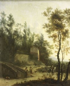 Italienskt landskap med jägare av Frederick de (manner of) Moucheron