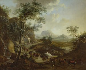 Landskap med en konvoj av hästar och vagnar