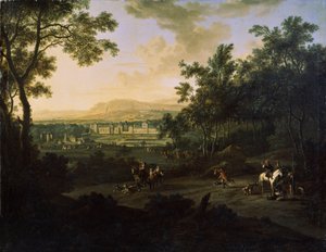 Landskap med jägare. Målning av Frederick de Moucheron (1633-1686). Olja på duk, holländsk konst, barockstil. Mikhail Kroshitsky konstmuseum, Sevastopol (Sevastopol) Ukraina