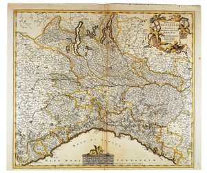 Republiken Genua, hertigdömet Milano, Parma och Monferrato, Karta av Frederik de Wit, Amsterdam, Kopparstick av Frederick de Wit